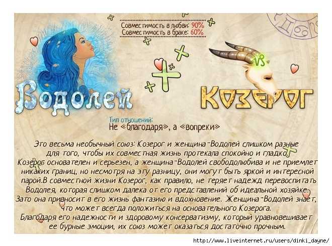 Совместимость гороскопов женщина-водолей и мужчина-козерог — любовь, дружба, отношения